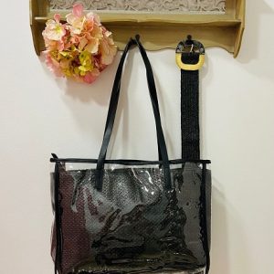 Bolso Playero Con Organizador De Rafia Negro
